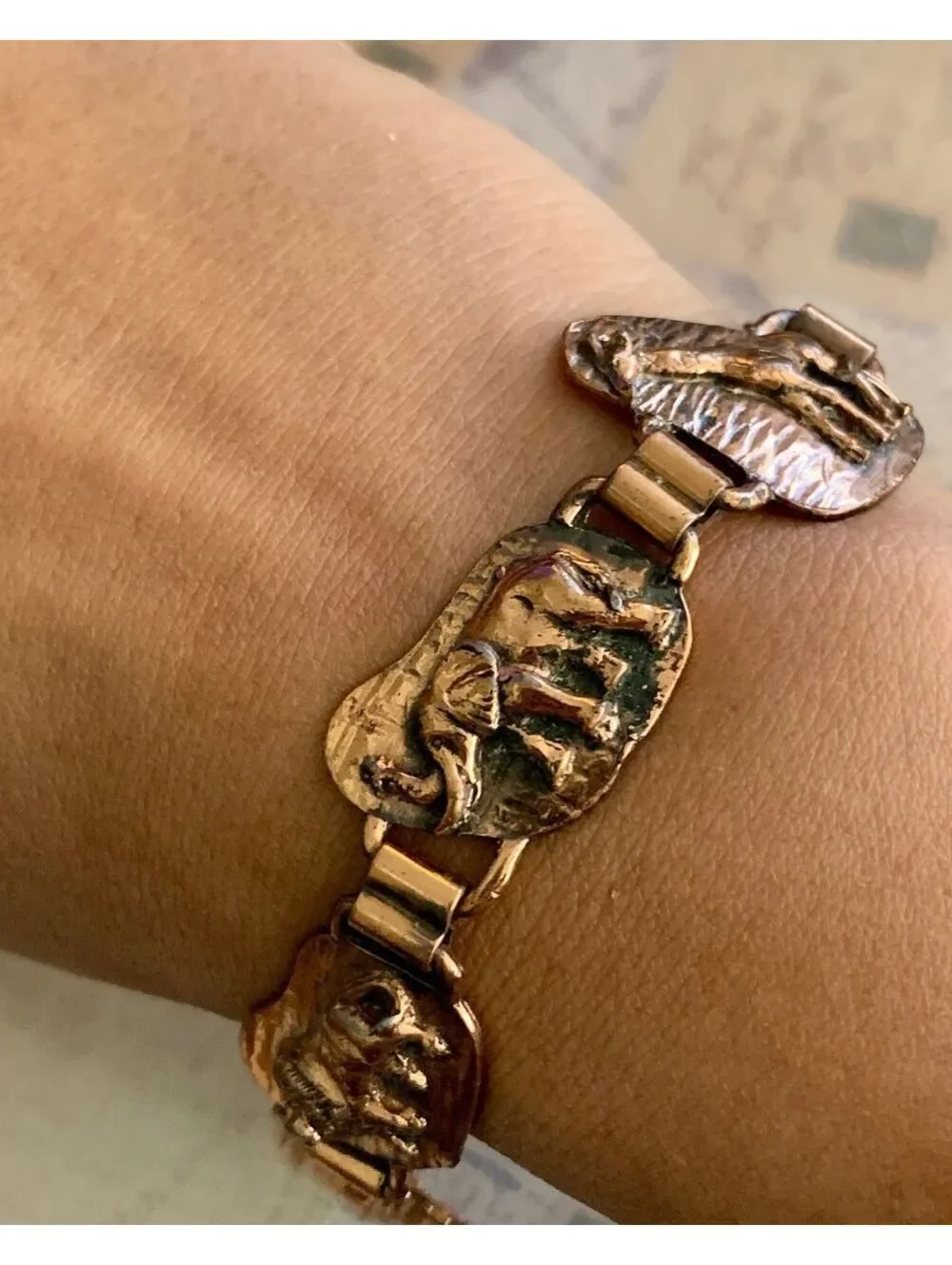 Vintage Solid Copper Safari Wildlife Panel Link Bracelet